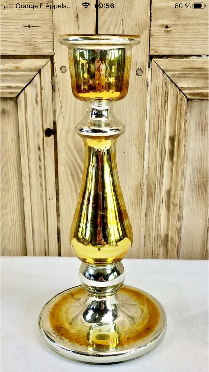 Old candle holder XIX gilded mercurized eglomised glass