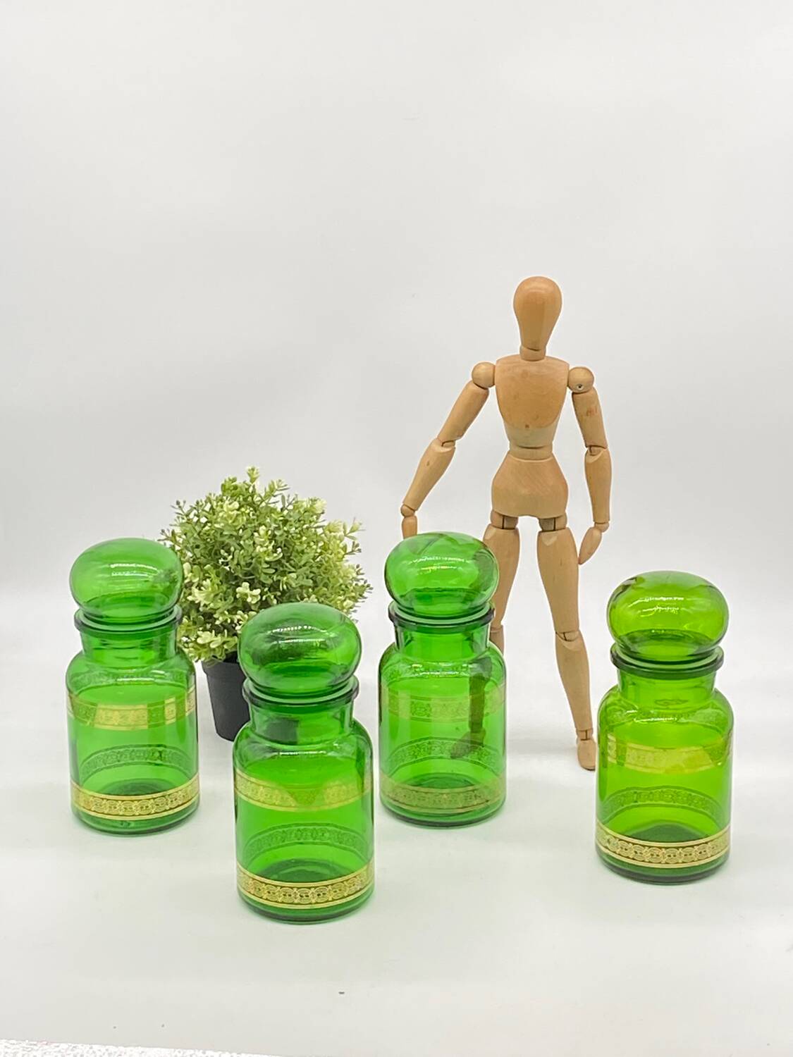 Series of 4 vintage green glass jars, Belgium,