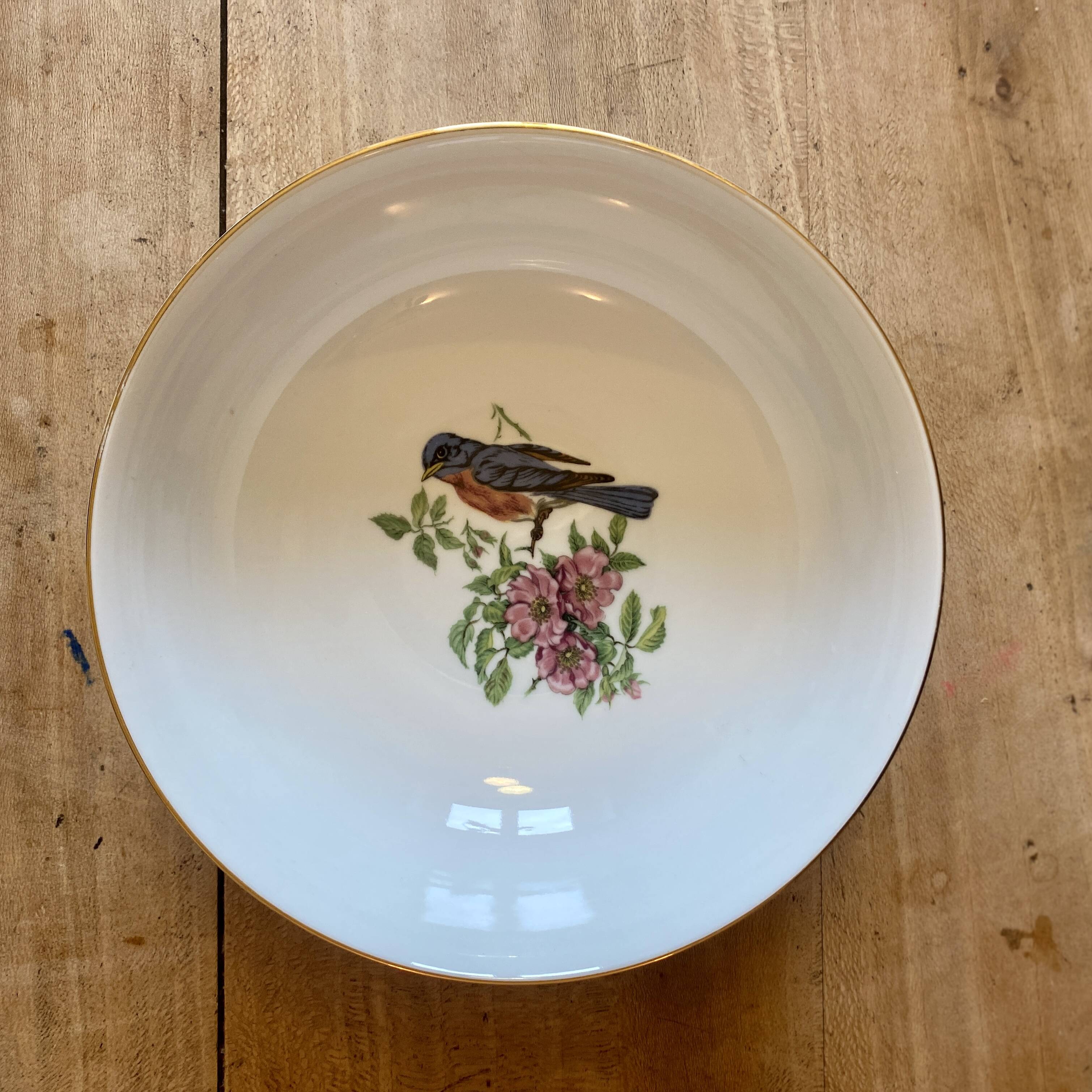 Vintage porcelain salad bowl - bird and flower decorations