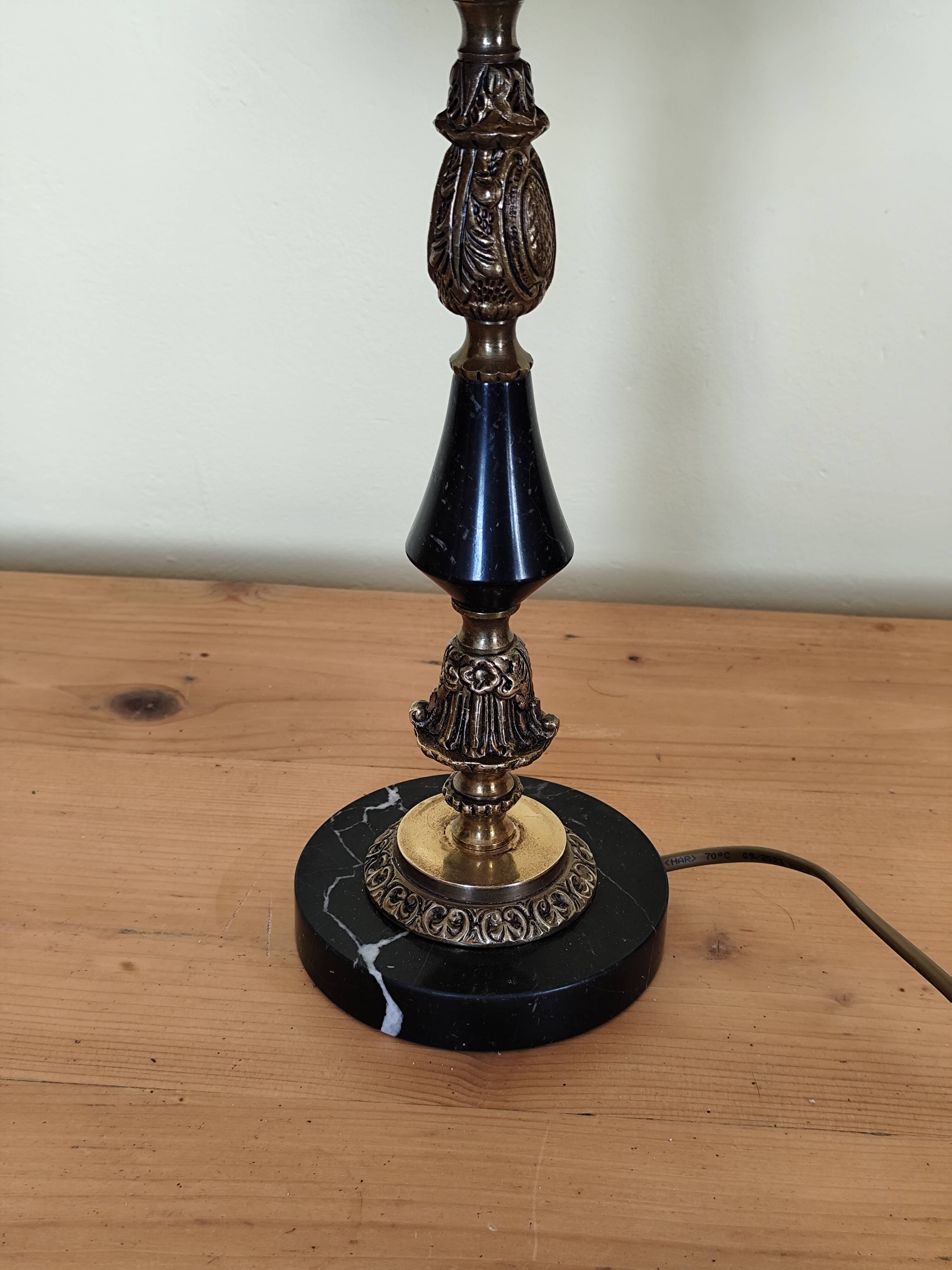 Table lamp base candlestick in chiselled brass and marble base.