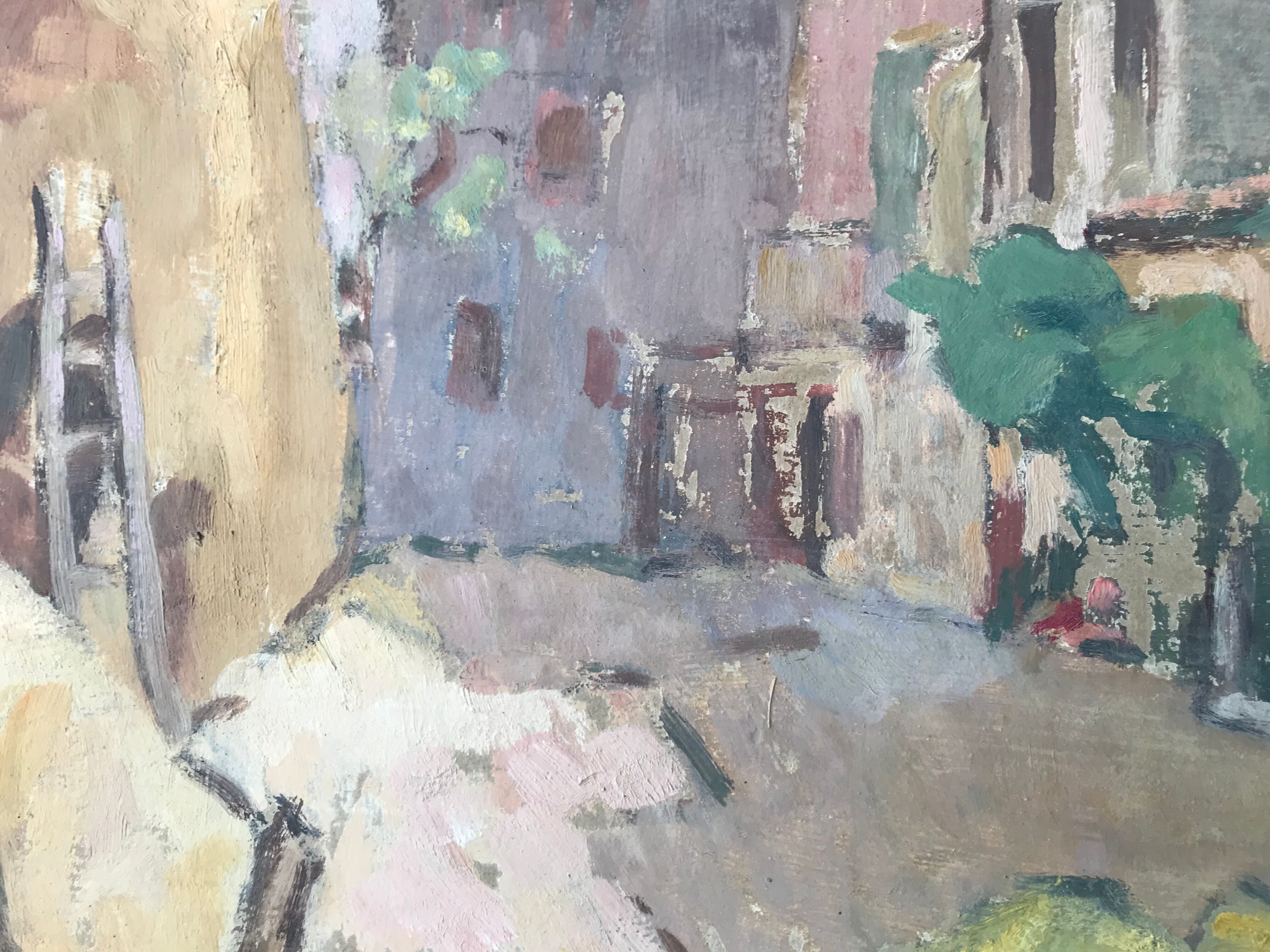 Old painting oil on cardboard peasant village