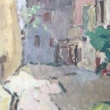 Old painting oil on cardboard peasant village