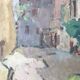 Old painting oil on cardboard peasant village