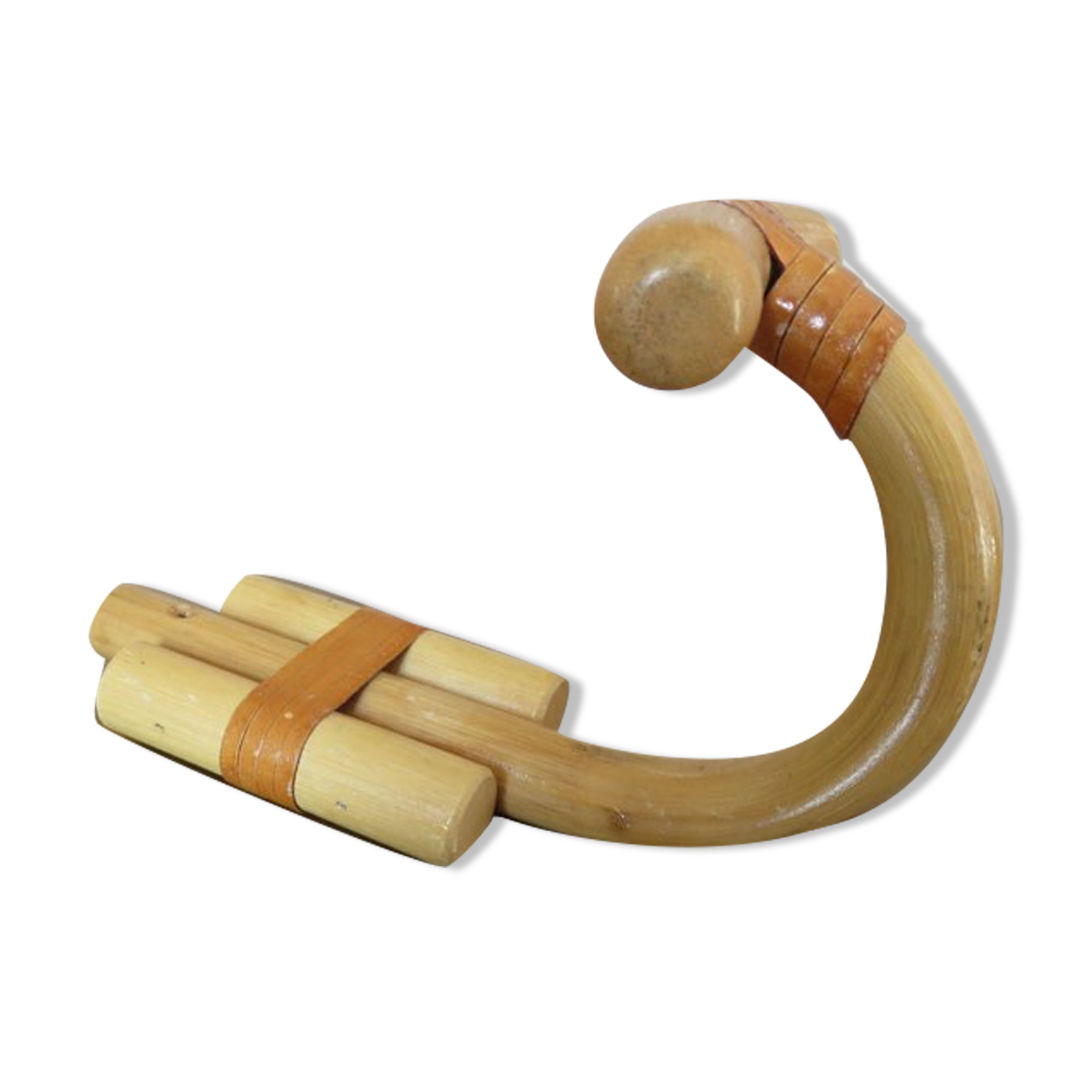 Wooden wall coat door hook with leather straps 60s 70s