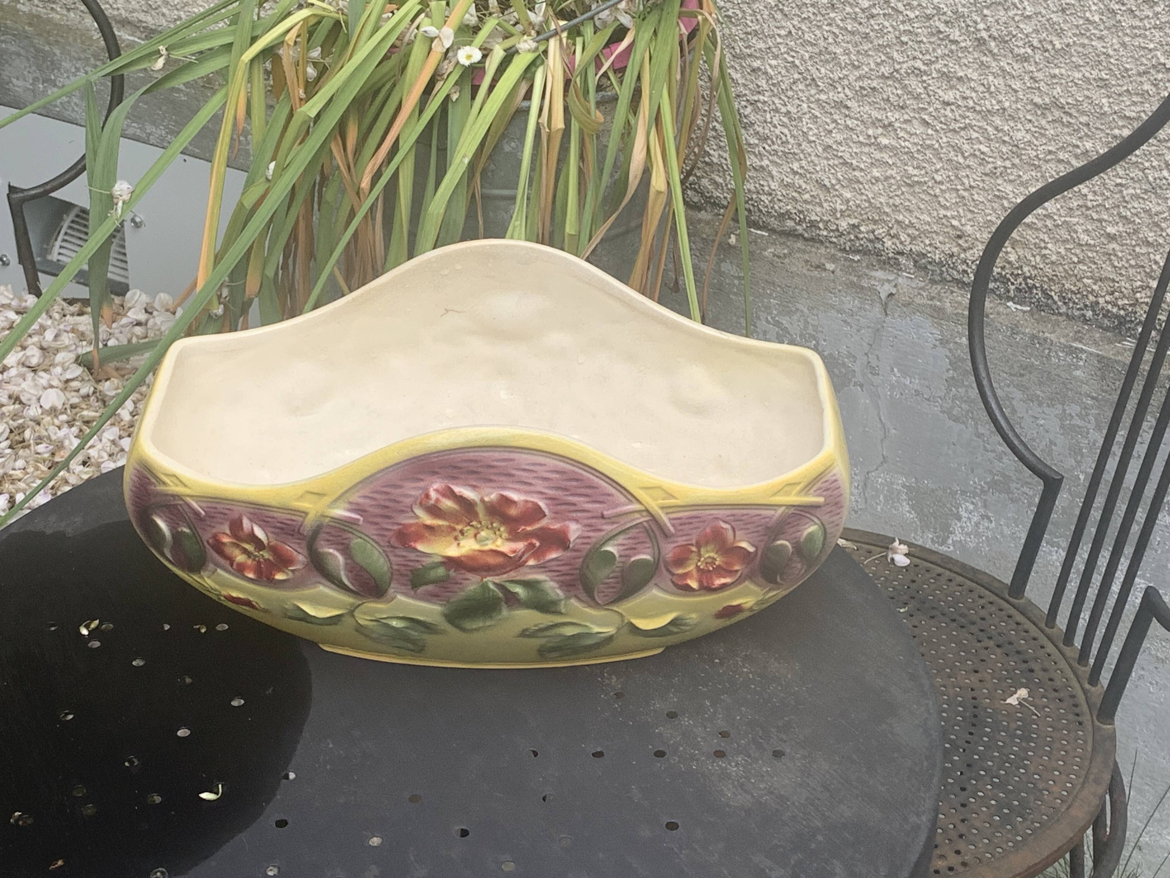 Yellow glazed ceramic slip planter, hawthorn pink flower pattern, art deco