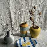 3 large Italian plates with blue stripes and lemons pattern