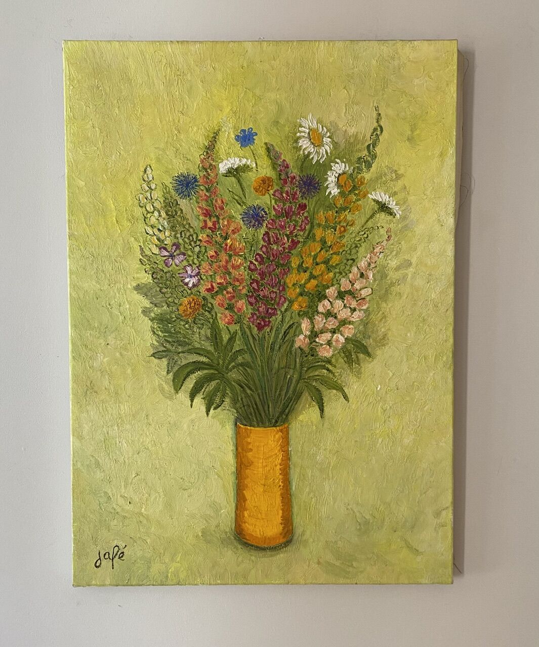 Still life with spring flowers, signed Jafé and dated on the back 1969