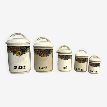 5 kitchen spices pots in earthenware decorated around 1930