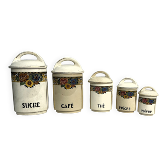 5 pots cuisine épices en faïence décorée vers 1930