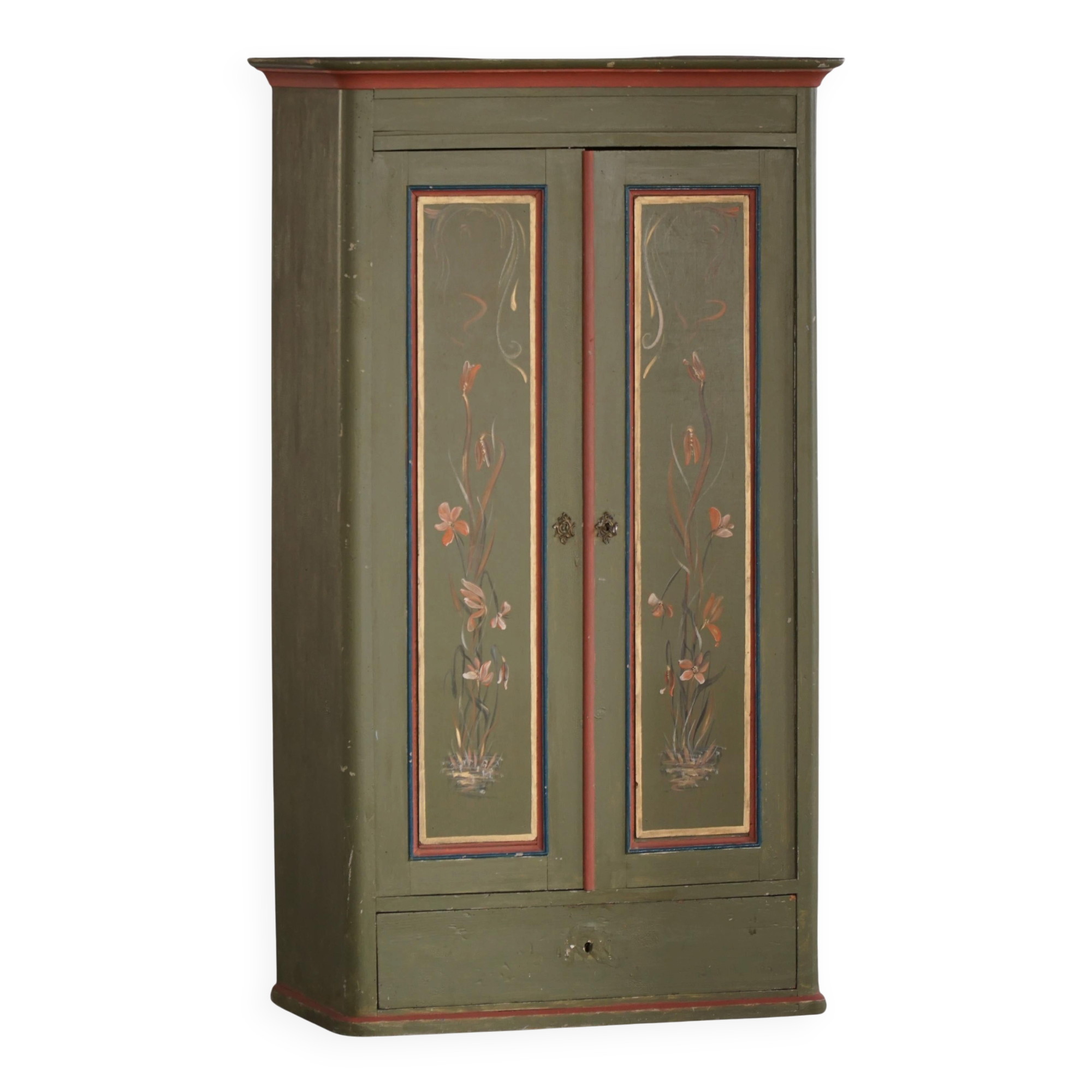 Old Danish cupboard painted with floral patterns, folk art, 19th century.