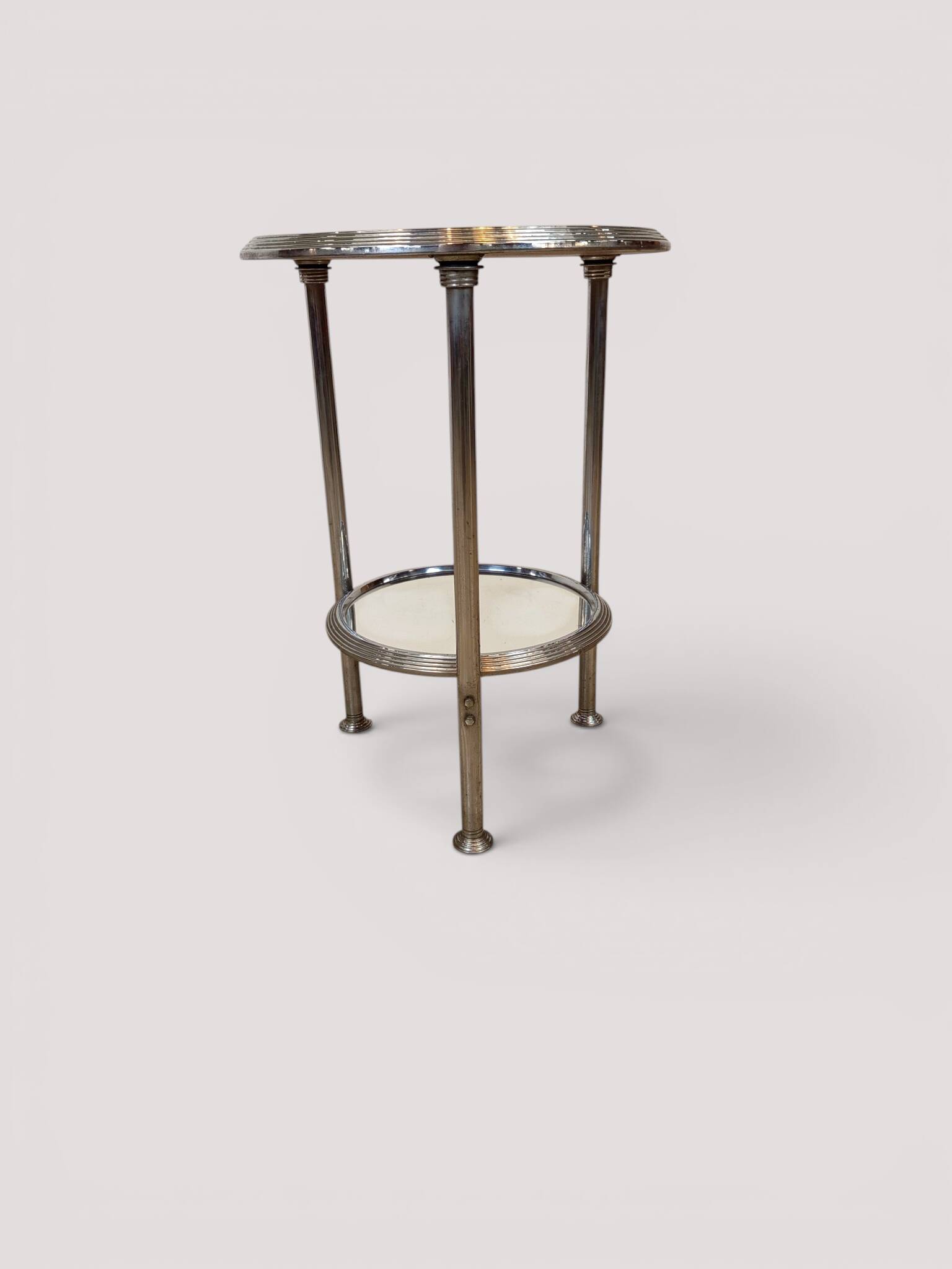 Art Deco tripod gueridon in chrome metal with double mirror top, 1930-19.