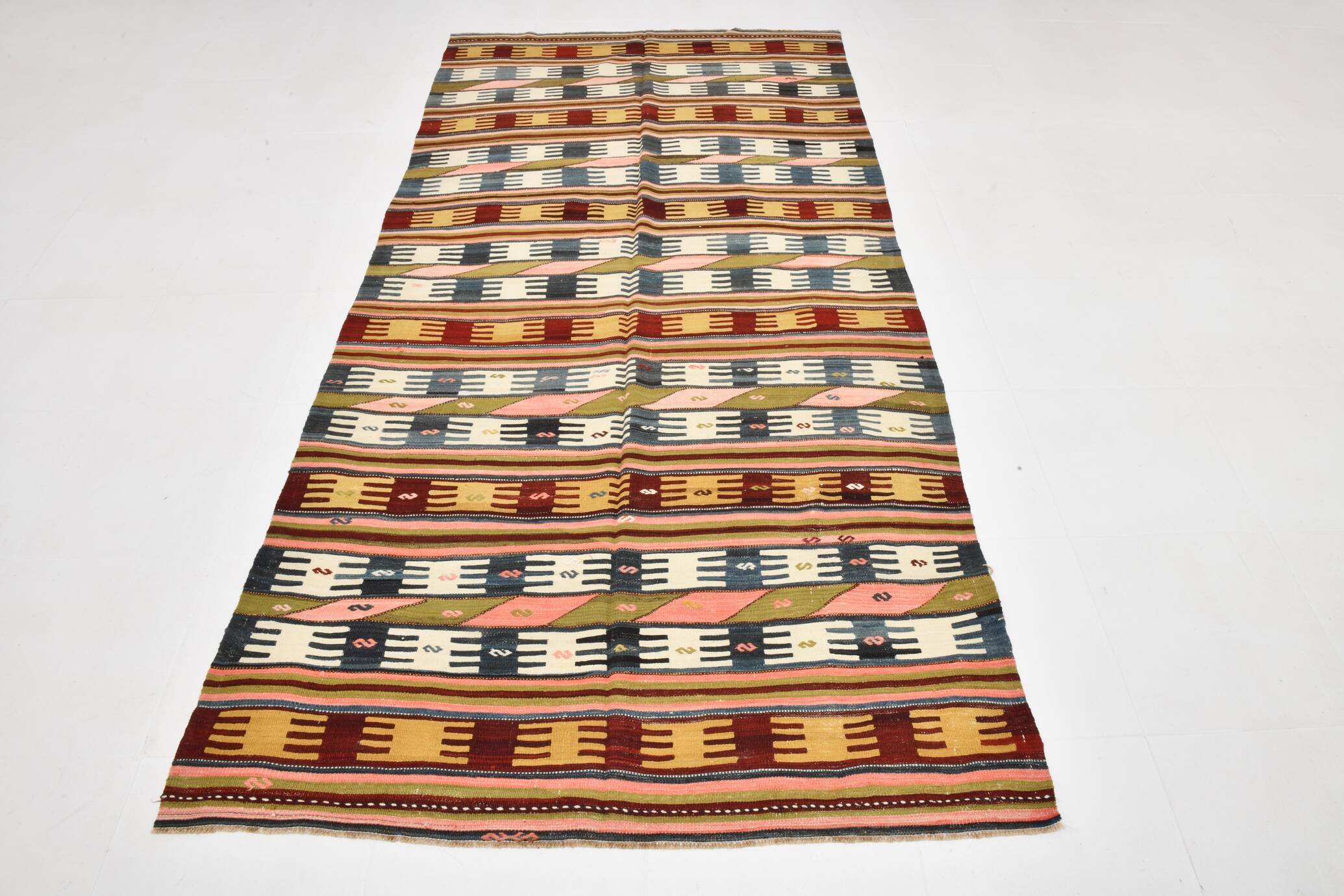 Tapis kilim turc Orientel 4x9, style géométrique, 132x280 cm