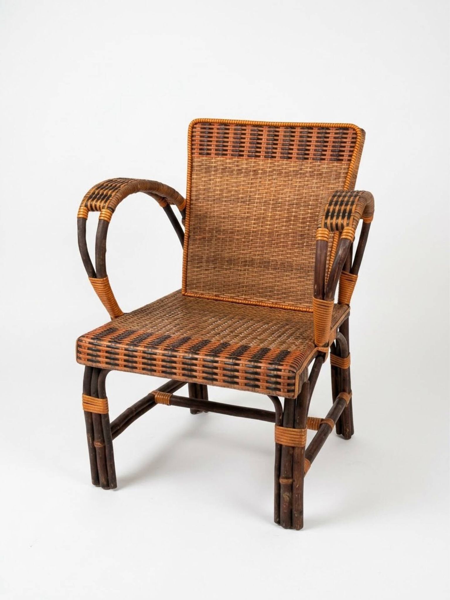Vintage low armchair in rattan & two-tone weaving 1960s