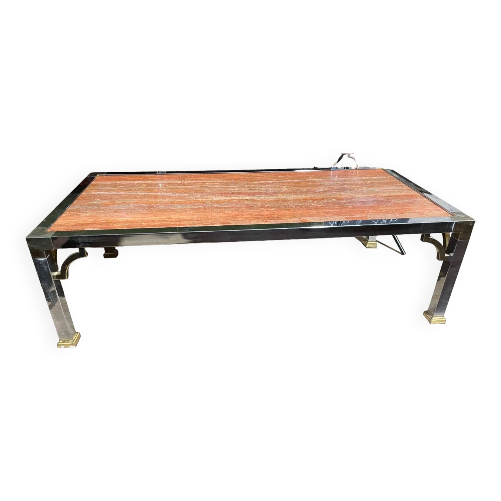 Vintage coffee table chrome steel and brass marble top Italy circa 1970