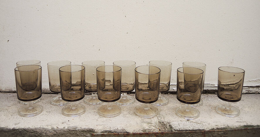 6 Old Luminarc Smoked Foot Glasses H11.5 cm