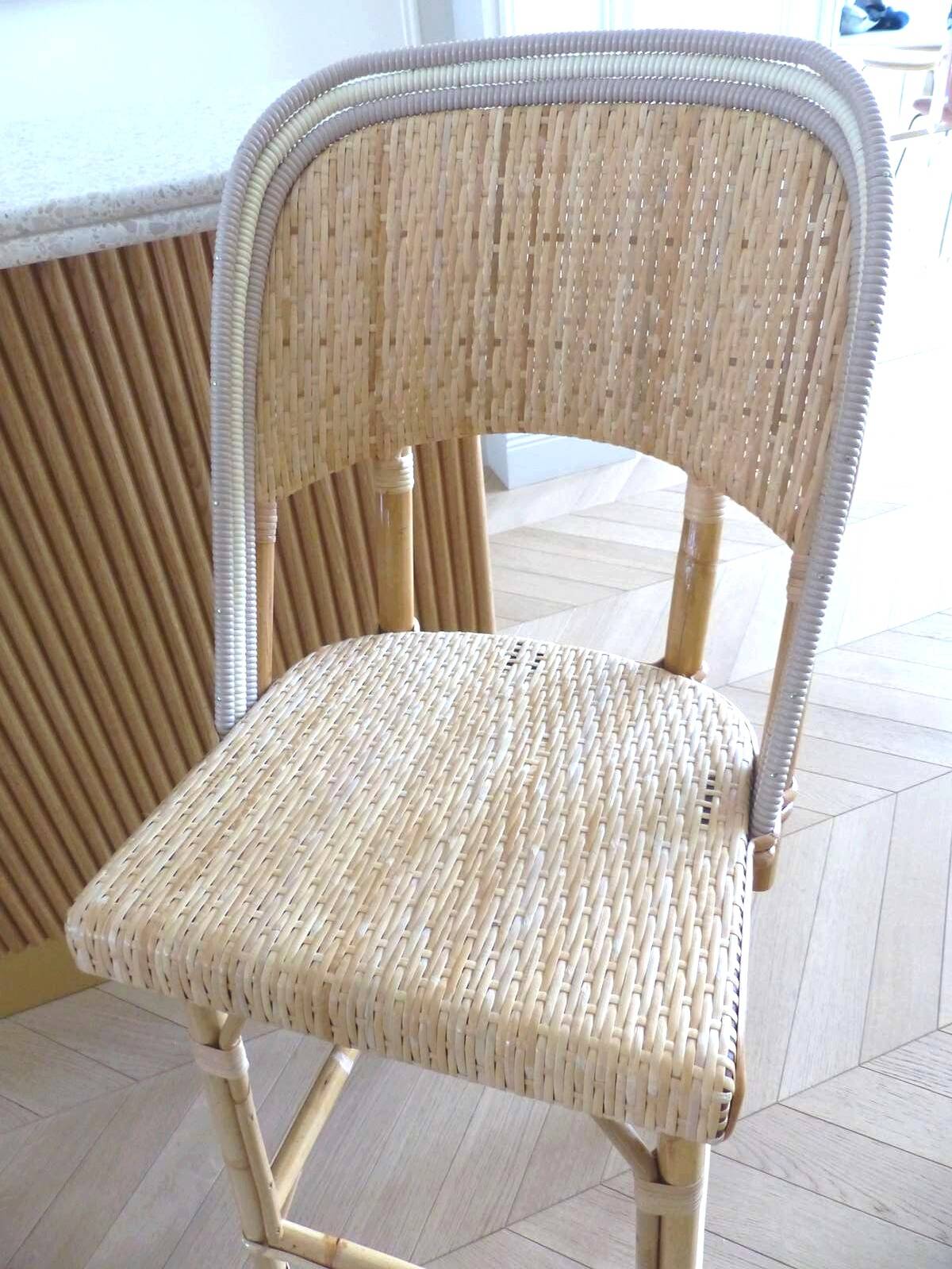 Lot of 3 Maison Louis Drucker light Manila rattan bistro high chairs.