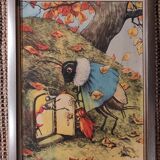 Set of 5 illustrations framed in glass the Fables of La Fontaine
