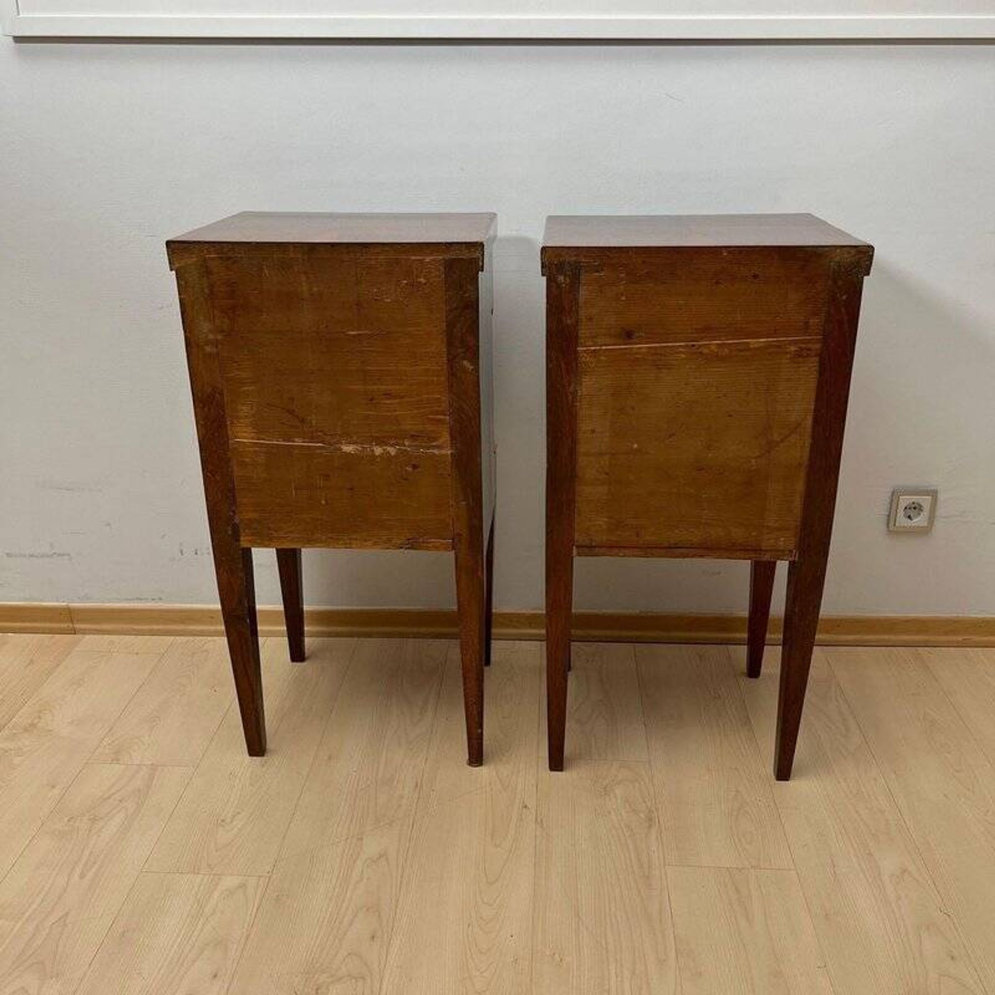 Empire Nightstands in Walnut with Full Columns in Gilt Brass, Italy, 1810, Set of 2