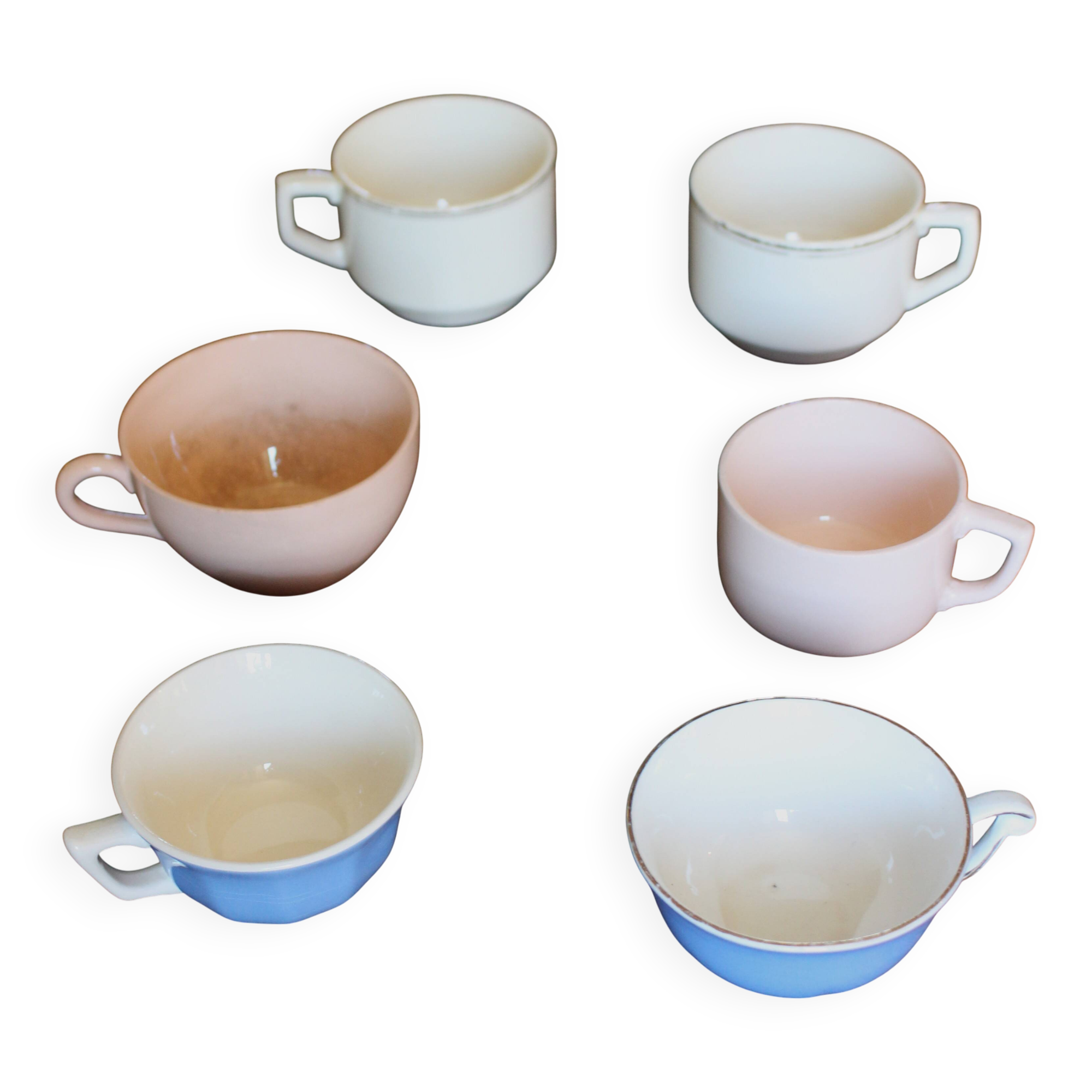 A set of 6 pink, blue, and cream cups from Digoin Céranord Villeroy Art Deco.