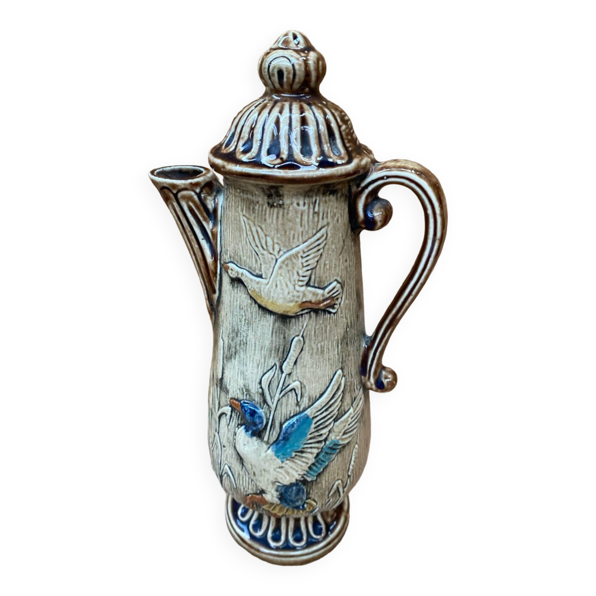 Antique teapot shaped pitcher ceramic brown beige vintage ducks decor