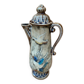Ancien pichet forme théière céramique marron beige décor canards vintage
