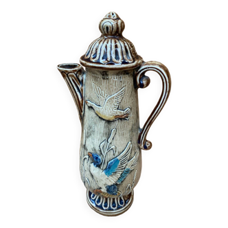 Antique teapot shaped pitcher ceramic brown beige vintage ducks decor