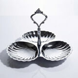 Vintage three-bowl server in silver-plated metal, shell decoration 1970-80.