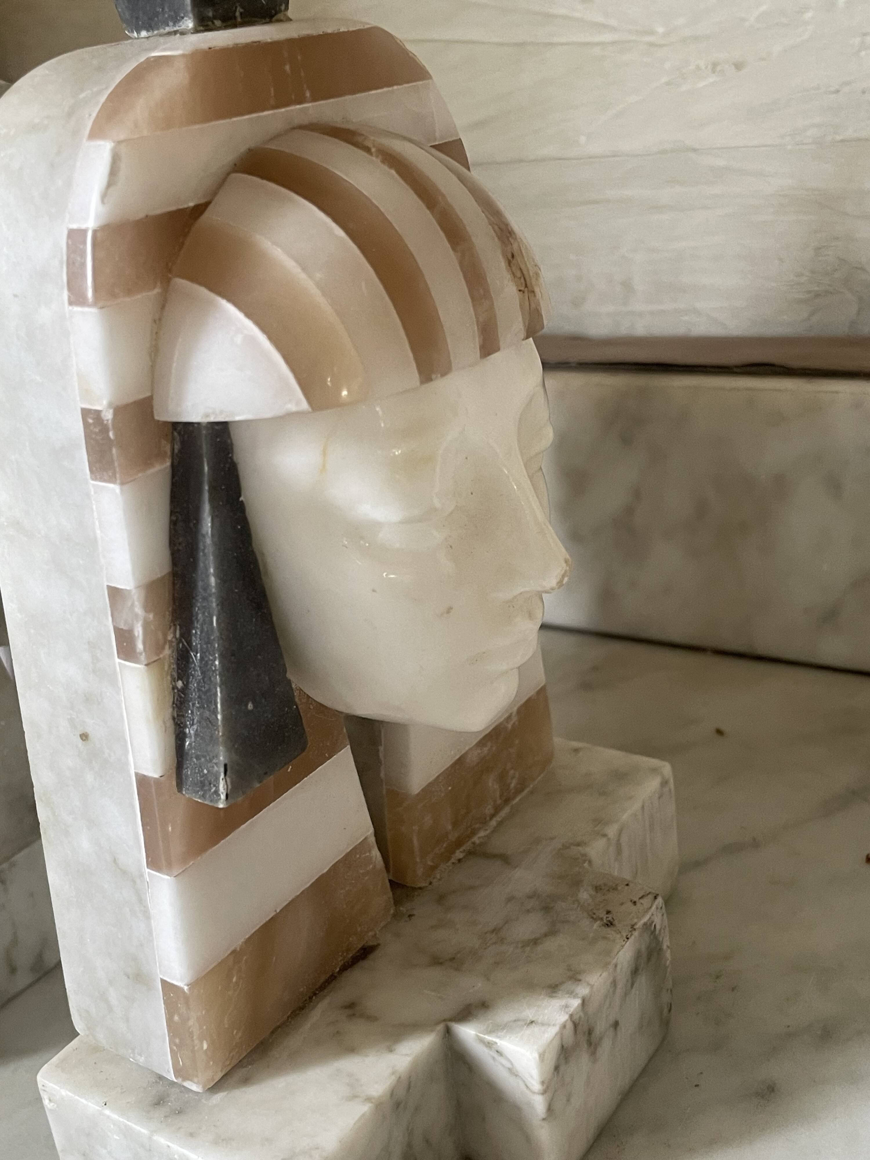 Art Deco "Egyptian Revival" pair of bookends in carved alabaster