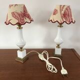 Pair of bedside lamps in opaline and brass toile de jouy lampshades 1950