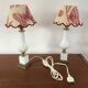 Pair of bedside lamps in opaline and brass toile de jouy lampshades 1950