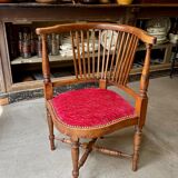 Corner armchair, dark wood and red velvet office chair.