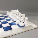 1970s Blue and White Chess Set in Volterra Alabaster Handmade. Made