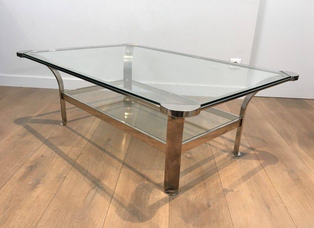Large designer coffee table in chrome with glass tops