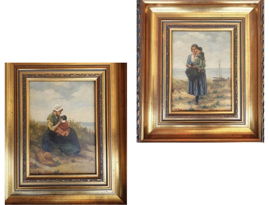 2 x Mother and child in the dunes, signed / J. de Zon (lower left) / oil on wood