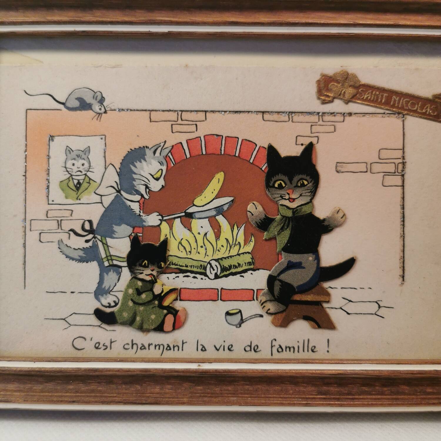 Small frame old postcard early 20th century little humanist cats st nicolas christmas