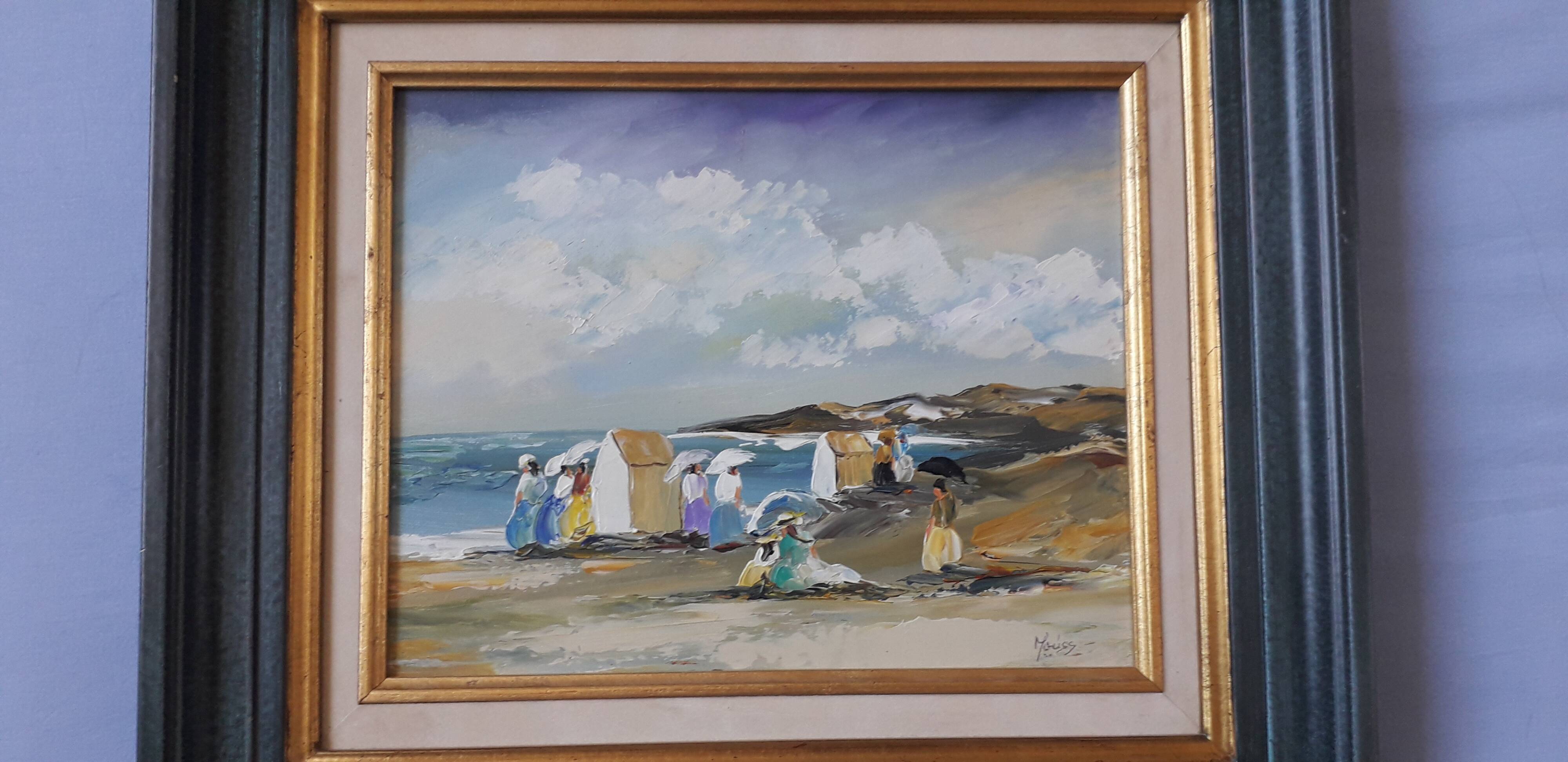 Antique oil painting depicting a seaside scene