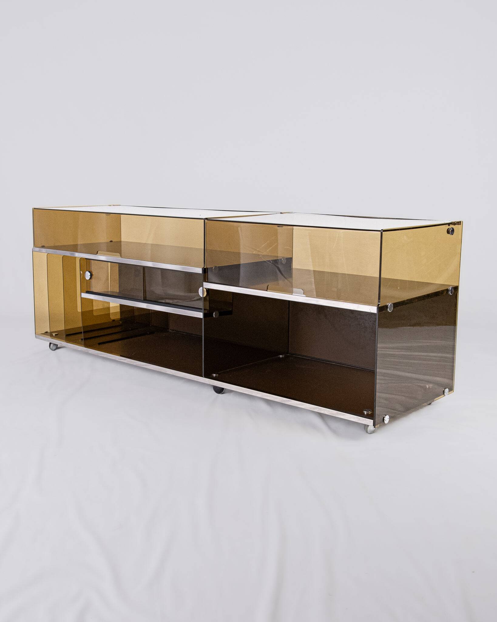 Enfilade or hi-fi unit in smoked plexiglass, France, 1970s