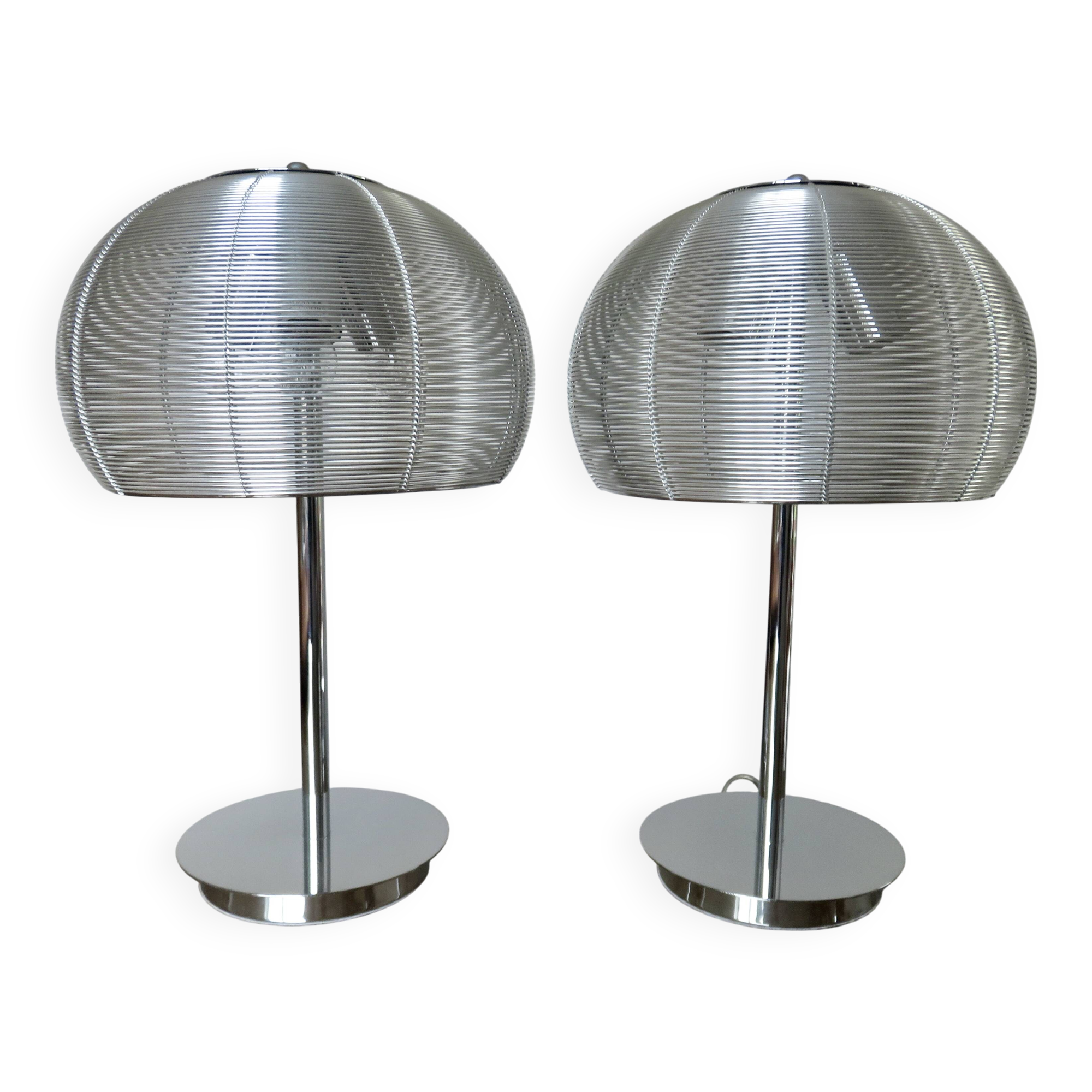 Pair of chrome-plated metal lamps with aluminum wire shades, 1990
