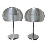 Pair of chrome-plated metal lamps with aluminum wire shades, 1990