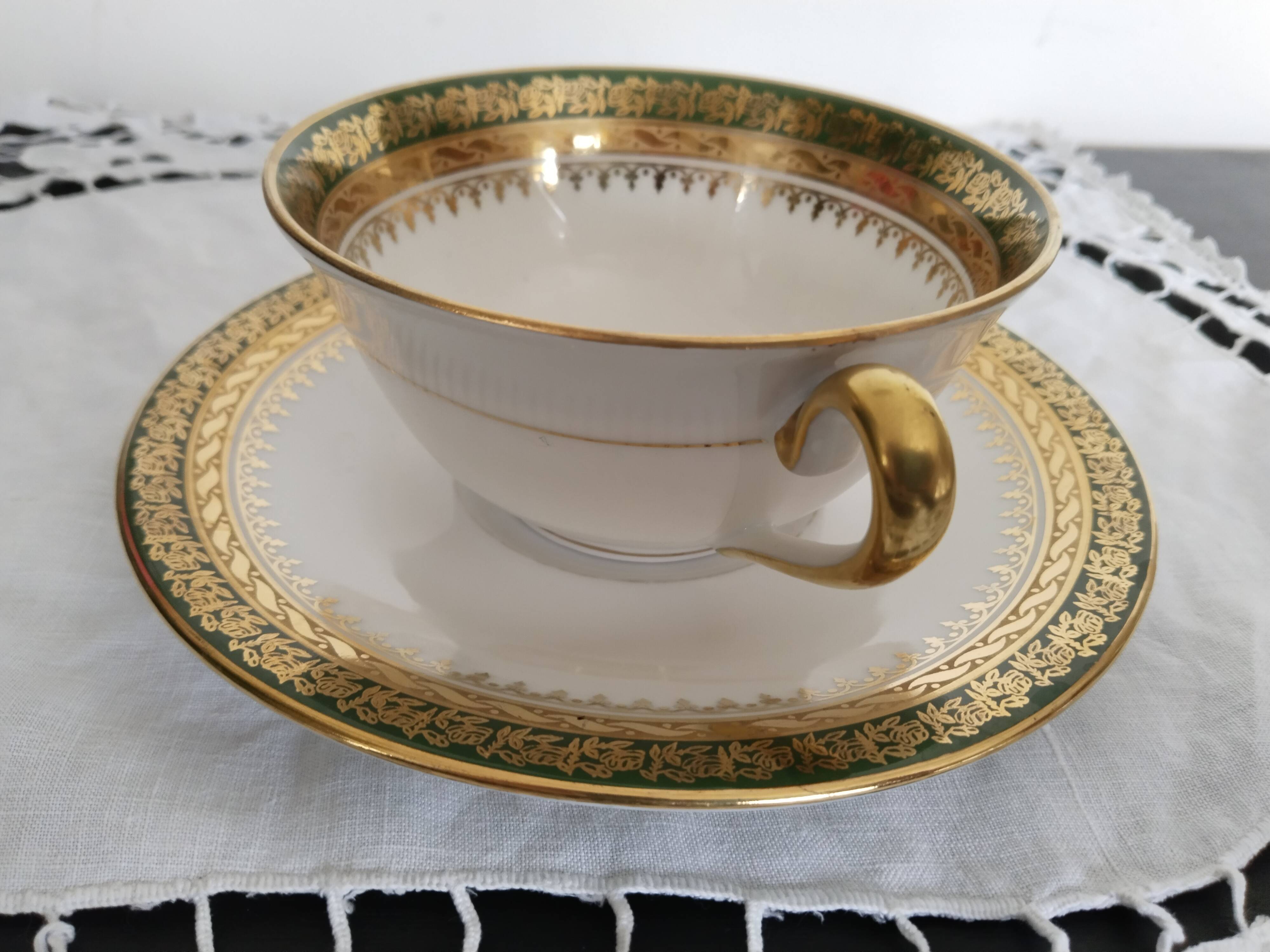 Limoges porcelain tea or chocolate cup, green and gold