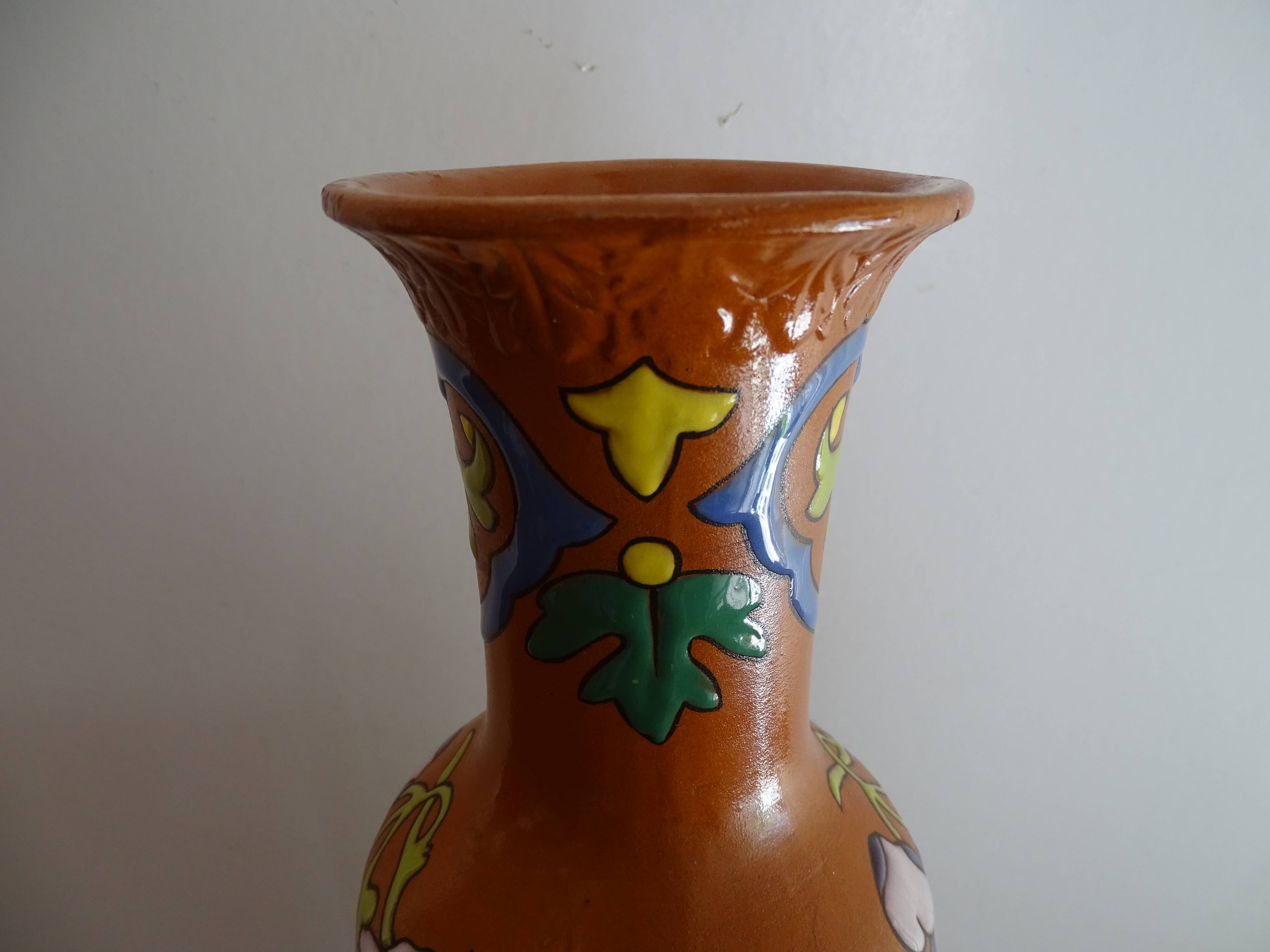 Old Lonchamp iron earth vase polychrome enamels floral decoration - Signed - 36 cm