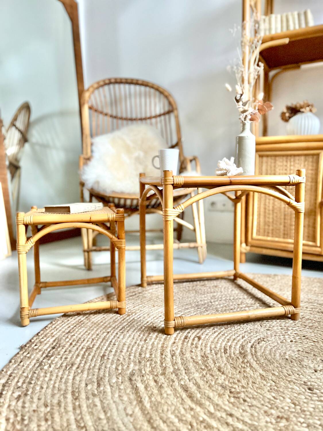 Tables gigognes bambou rotin osier - 1950/60