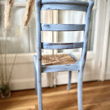 Wooden chair and seat in vintage blue straw