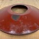 Industrial porcelain red enamel pendant light with ribbed clear glass, 1970s