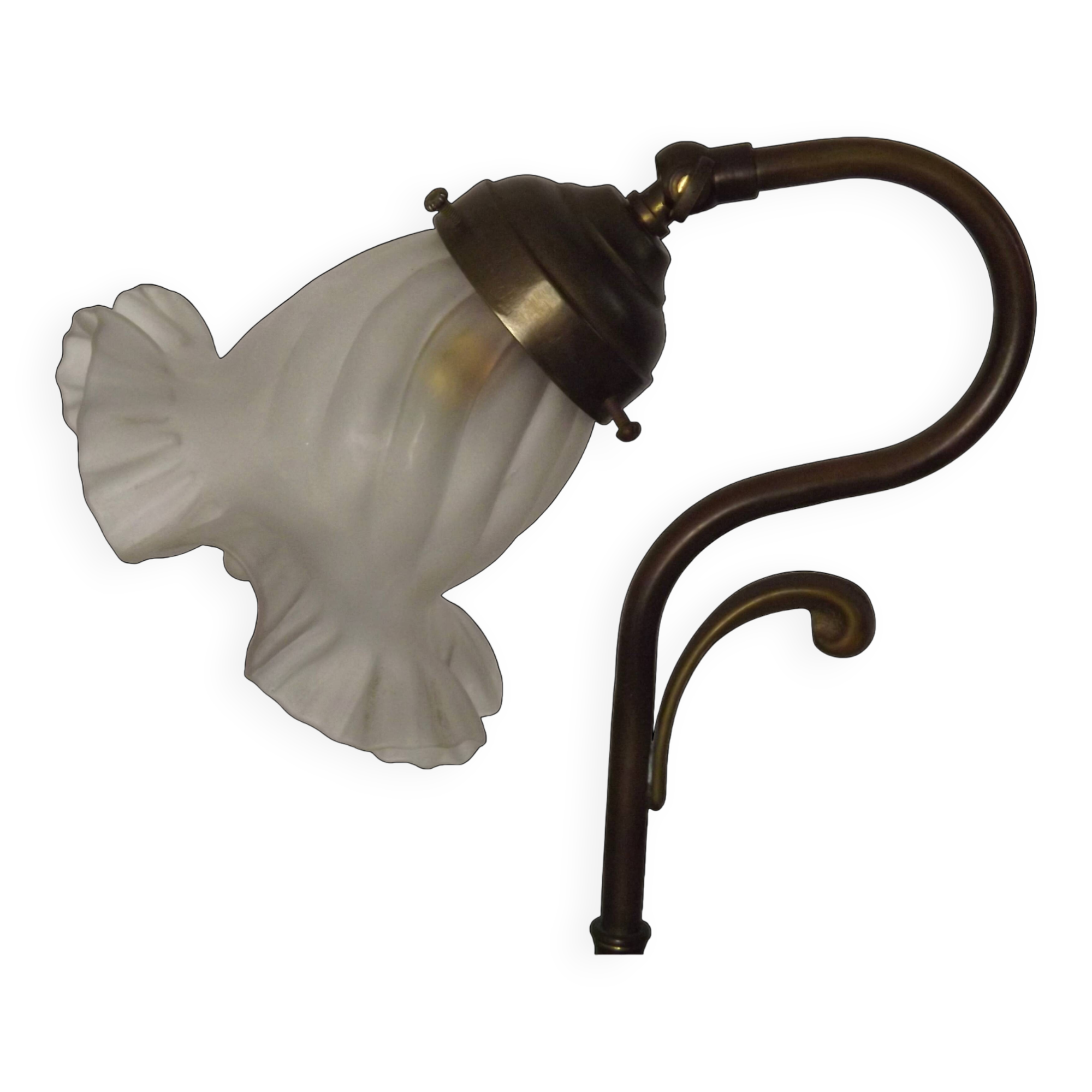 Vintage French Brass Gooseneck Table Lamp with Opaque Patterned Glass Shade 5522