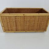 70s woven rattan and bamboo planter