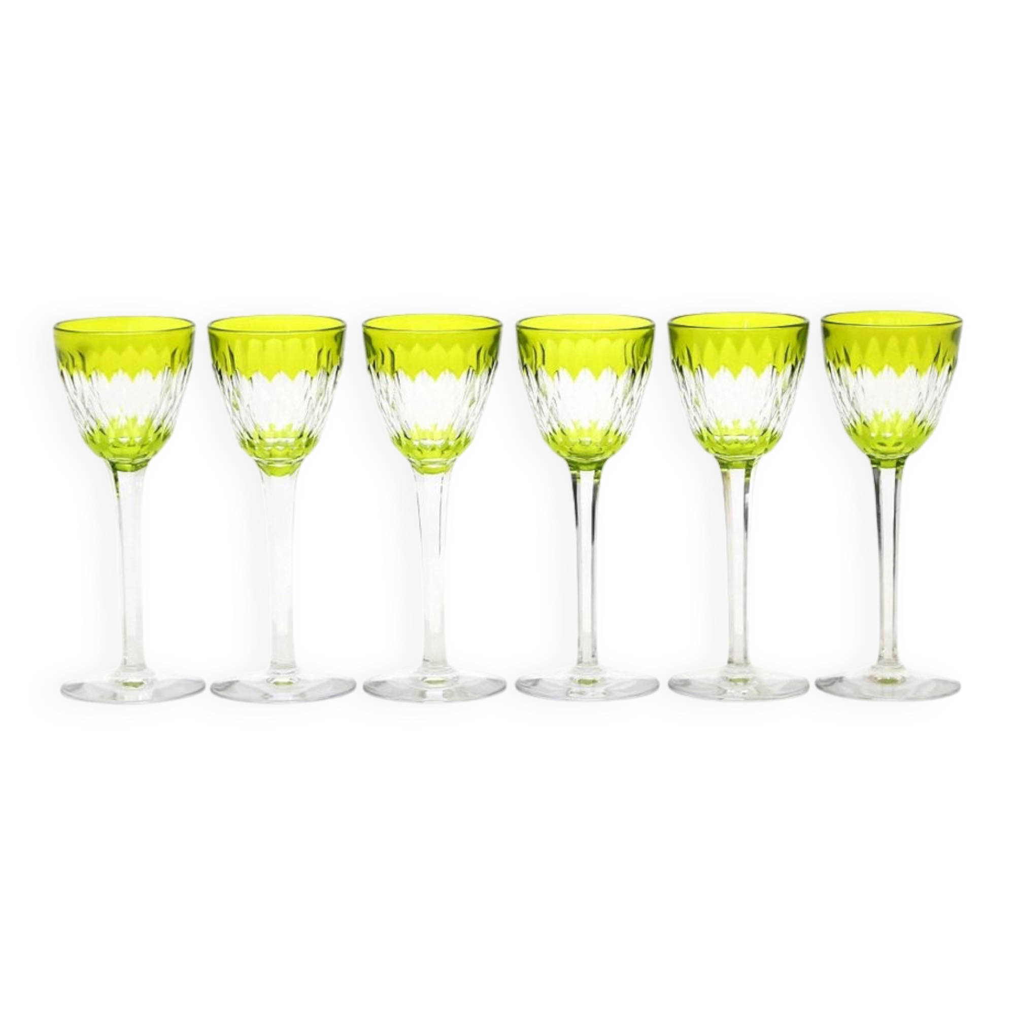 Armagnac wine glasses in green crystal by Baccarat, 1970s, set of 6.