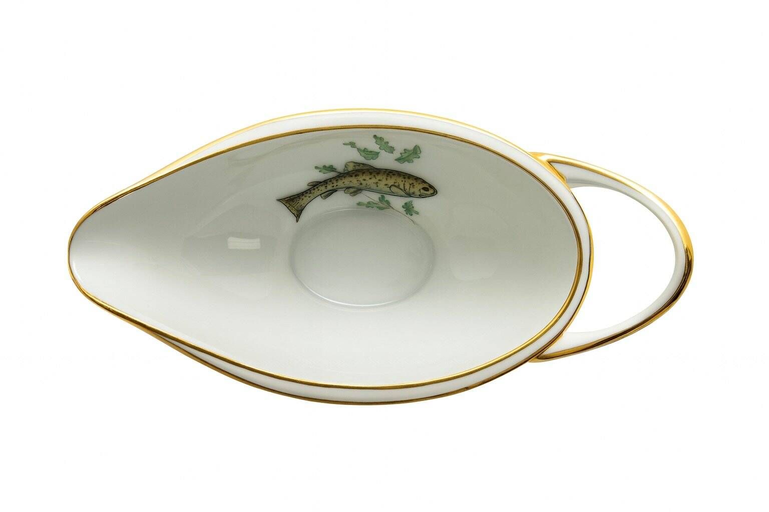 Porcelain plates and fish decoration sauce boat from Limoges, 1980s, set of 13.