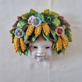 Vintage Italian ceramic wall mask, handmade, decorated with floral details