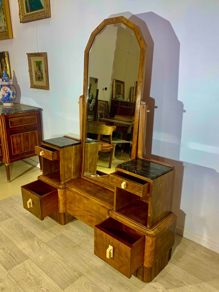 Dressing table art deco 1920 walnut magnifying glass portor marble